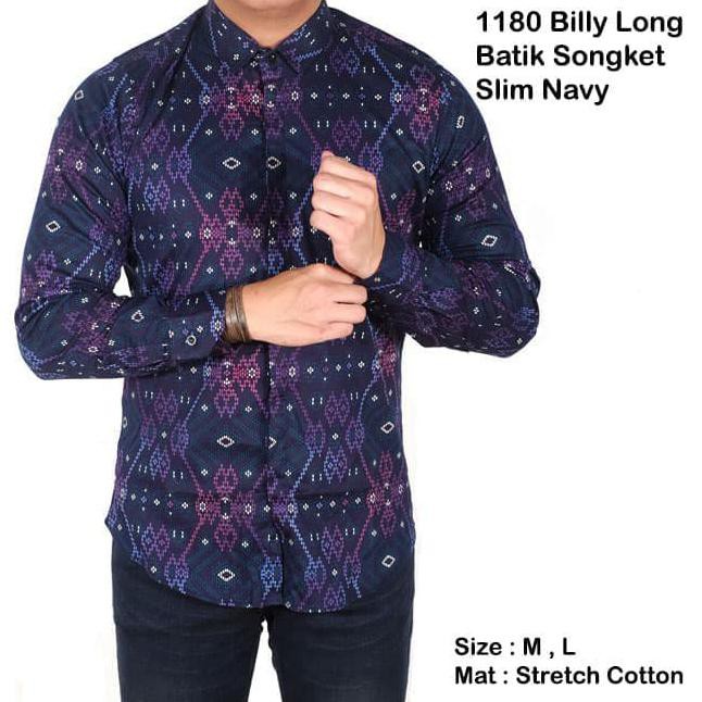 kemeja pria batik lengan panjang songket navy / batik modern pria - Navy, M Terlaris