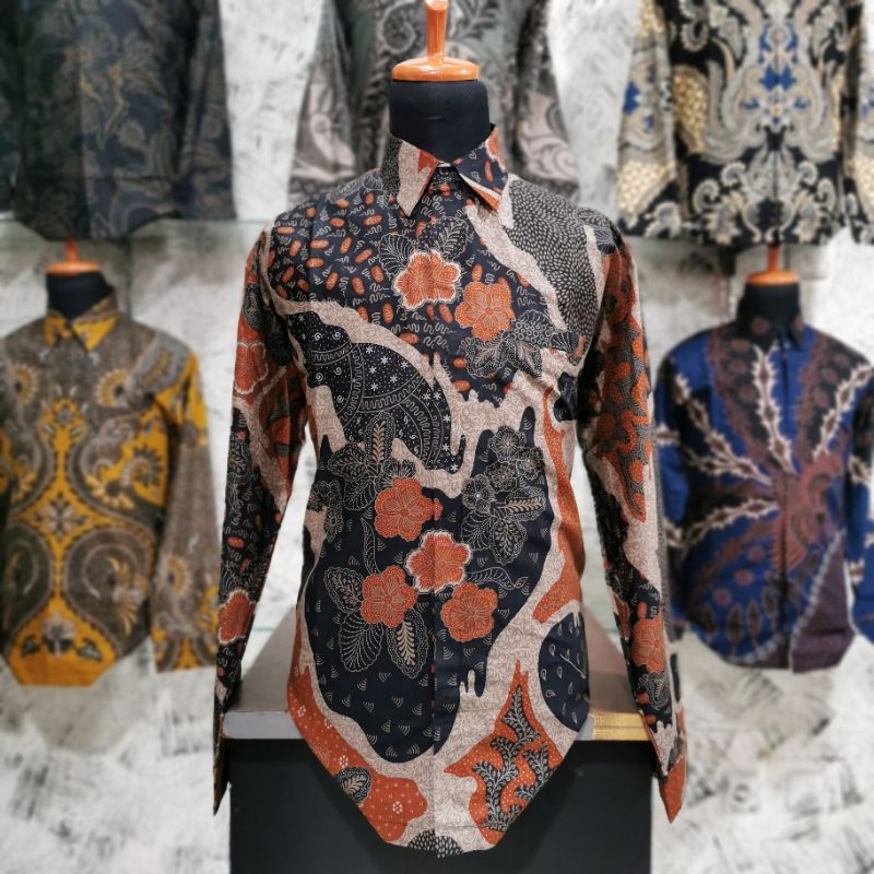 Batik kemeja pria lengan panjang lapis furing batik bahan katun size reguler Najib orange