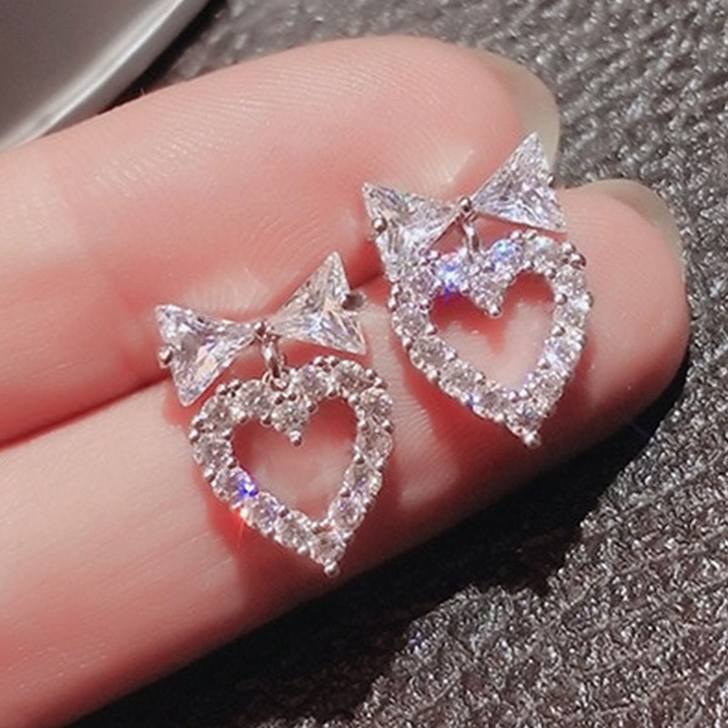 Korean Fashion Bowknot Women Earrings With Heart Dangle Dazzling Cubic Zirconia Party Daily Wear Girl Earrings