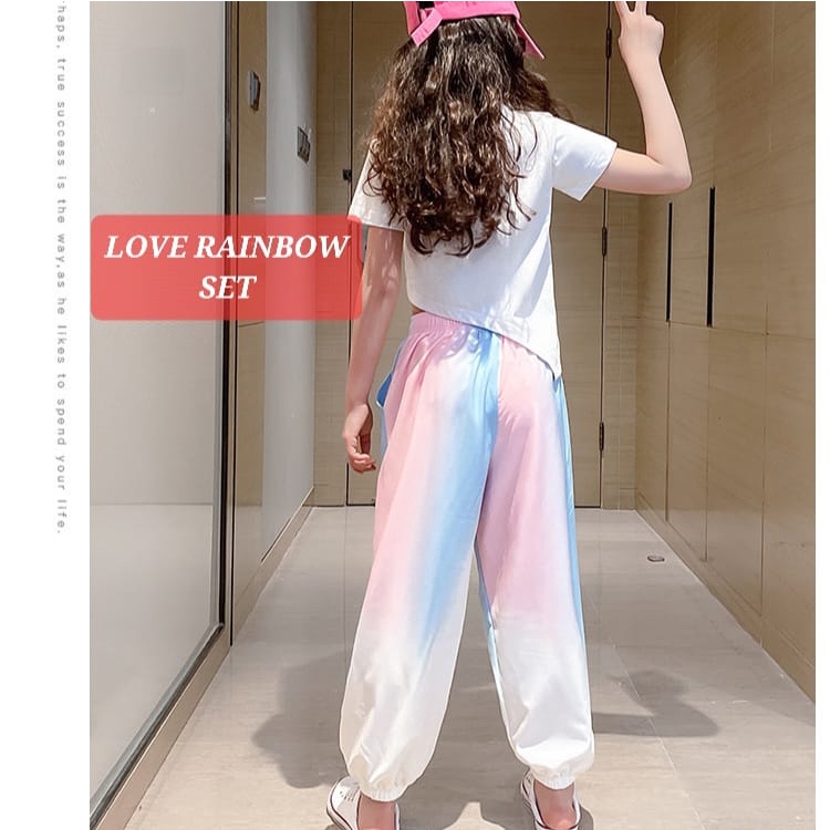 LOVE RAINBOW SET BAJU SETELAN KASUAL ANAK REMAJA PEREMPUAN KAOS CELANA JOGER KOREA IMPORT