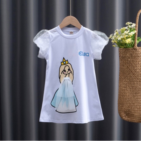 Dress Puff Sleeves anak perempuan Princess Elsa Snow White Mermaid Aurora Model T-shirt/ Dress Kasual