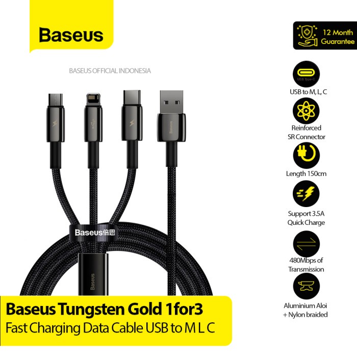 BASEUS Kabel 3in1 Tungsten Gold 1for3 FastCharge USB to M L C 3.5A 1.5m - CAMLTWJ