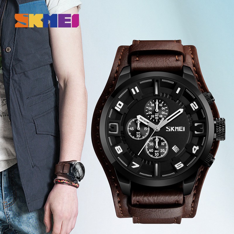 Jam Tangan Pria / Analog Date / SKMEI 9165 Leather Chrono aktif / Jam Analog Date SKMEI Original