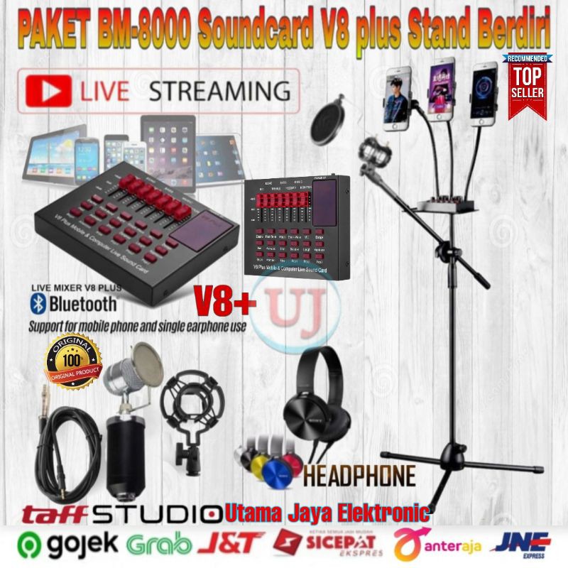 Paket Microphone BM8000 Soundcard V8 plus Standing Berdiri 3x phone holder Home Recording