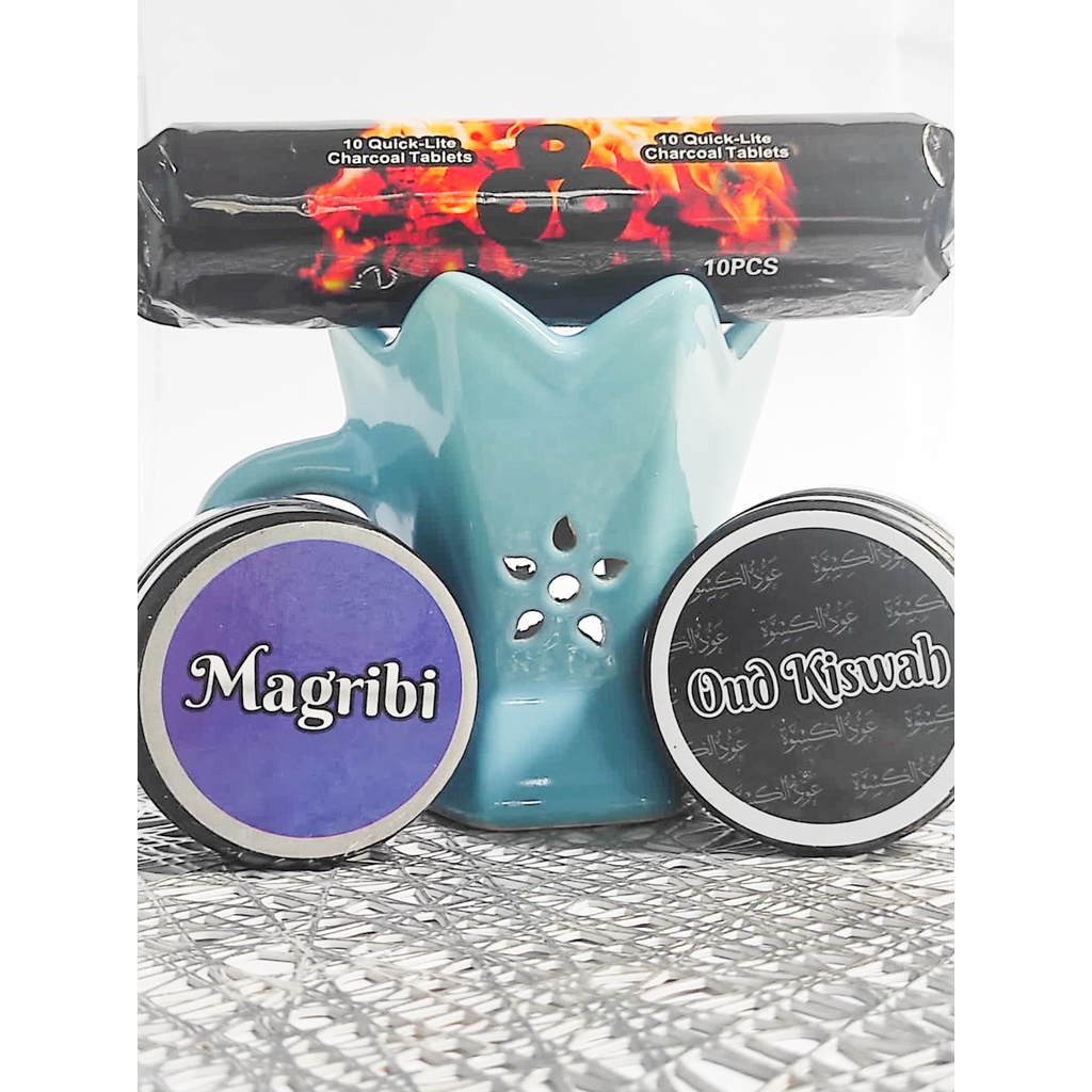 paket tempat bakaran mungil dengan buhur maghribi&amp;oud kiswah dan areng magic