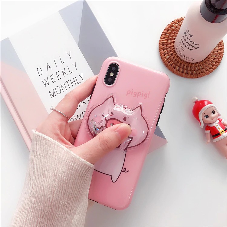 Case Cute pink pig quicksand case iphone X 6 6s 7 8 7plus Stars glitter liquid silicone cartoon case