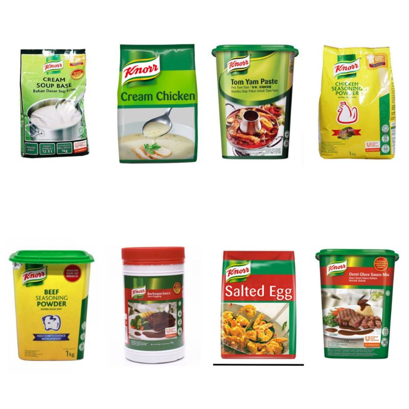 

Knorr beef/chicken powder/cream soup base/cream chicken soup/demi glace/barbeque sauce/salted egg/tom yam