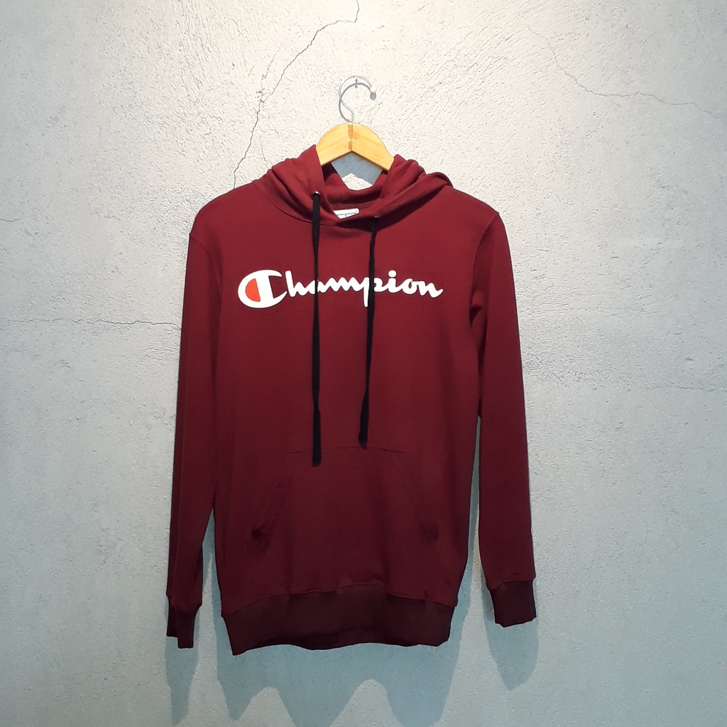 Jaket Pria CHAMPION Hoodie Logo Script Maroon Original 100%