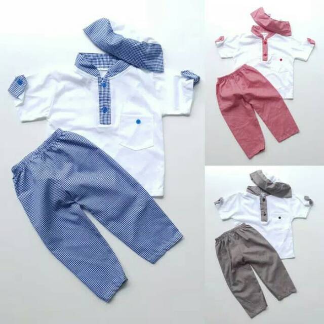 Baju Muslim Koko Anak Bayi Laki Cowok Katun Pendek Putih Celana Warna Peci