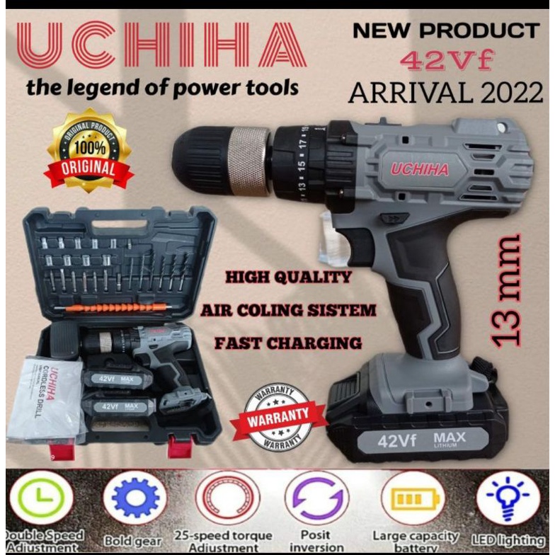 bor baterai 13mm cordless 42 volt beton besi kayu full set pilihan 25 torsi UCHIHA