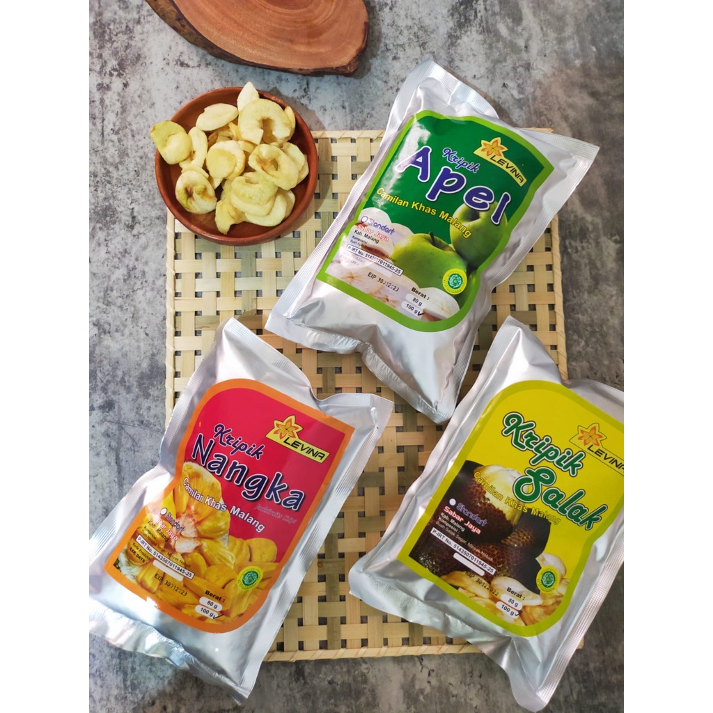 KERIPIK BUAH KHAS MALANG LEVINA 100gr/KERIPIK NANGKA/KERIPIK APEL/KERIPIK SALAK