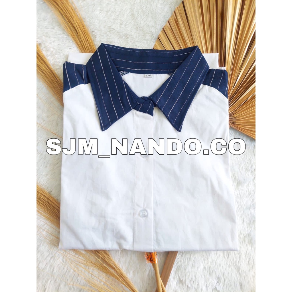 SJM kemeja wanita salur kombinasi lengan panjang kualitas import 710&707-Navy salur 710
