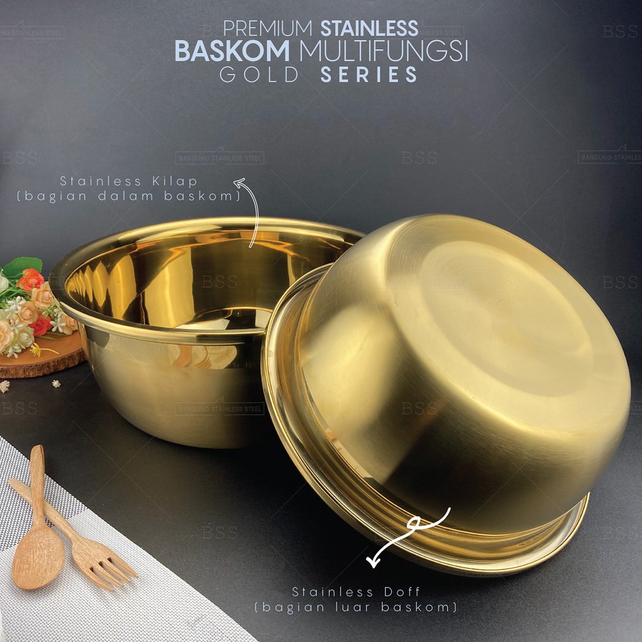 Baskom Wadah Stainless Gold 24cm tinggi tebal Warna Emas Multi Fungsi Tempat Sayur Daging Makanan