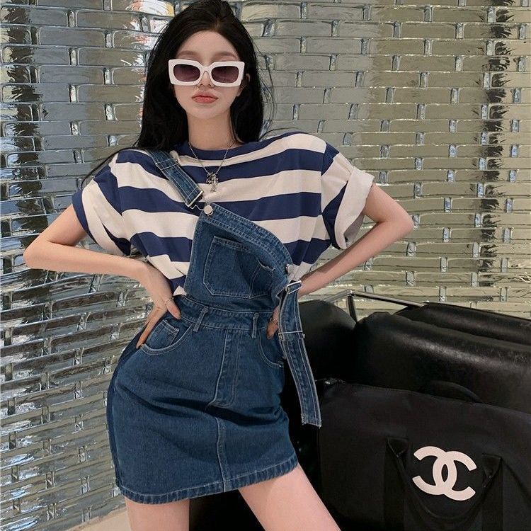 Denim suspender rok wanita musim panas pinggang chic desain Perancis kecil pinggang tinggi ramping r