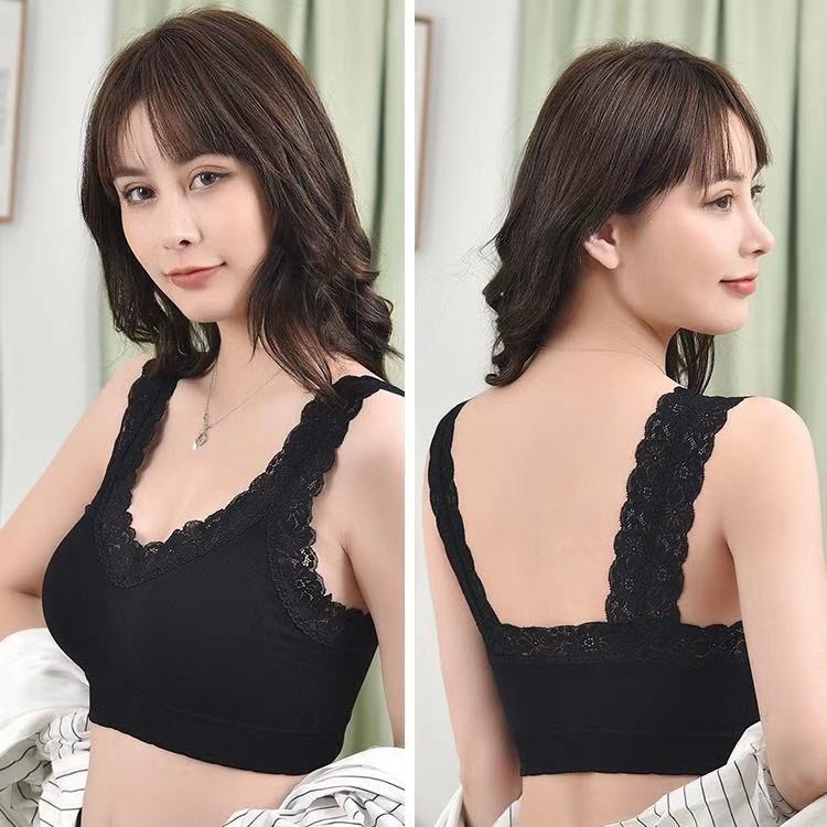 [COD] Bra Wanita Sports Bra V-Neck Aksen Hem Lace dengan Pad Busa untuk Yoga / Tidur