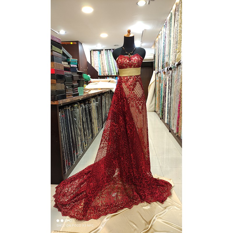 Kain Tile Lace Brokat Dress KEBAYA Bridal Bridesmaid Payet Merah