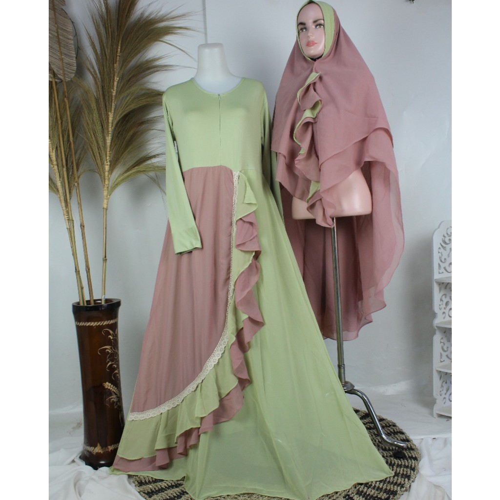 Gamis set babydoll CERUTY SYARI SET KHIMAR ALEXA renda wanita muslim baju busana gaun tile brukat