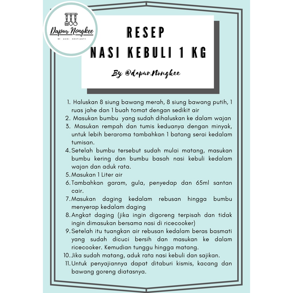 

HG Nasi Kebuli Instan , Beras Basmati 1kg lengkap dgn Bumbu Nasi Kebuli