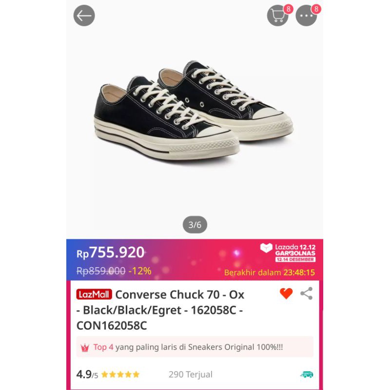 Converse Chuck 70 - Ox - Black/Black/Egret - 162058C - CON162058C (ORI) sepatu sneakers unisex