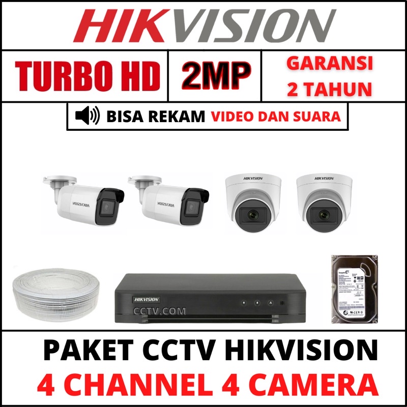 PAKET CCTV HIKVISION 2MP 4 CHANNEL 4 KAMERA 1080P TURBOHD/AUDIO KAMERA CCTV KOMPLIT TINGGAL PASANG