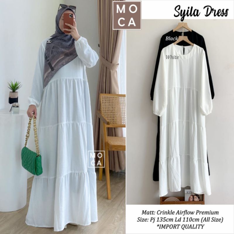 100% ORI - Syila Dress by Mocca Bahan Crinckle Airflow - Gamis Putih Hitam Lebaran