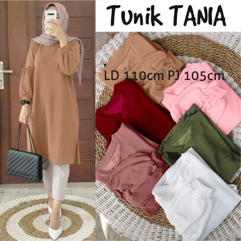TUNIK TANIA LONG TUNIC WANITA LENGAN BALON POLOS BAJU KERJA MAIN CEWEK KEKINIAN BAHAN KAOS ADEM TUNI