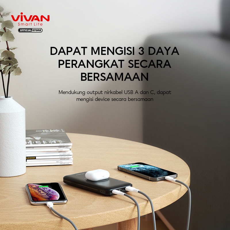 VIVAN Powerbank 10000 mAh VPB-W11 Wireless 3 Output Fast Charging 20W QC3.0 PD Support Semua Type Smartphone-Garansi 1 Tahun