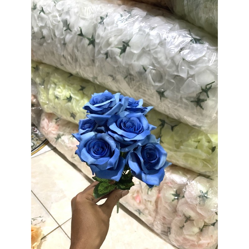 Tangkai Mawar K6 Bludru Import/Bunga Mawar/Artificial/Bunga Palsu/Hiasan/Dekorasi-BIRU TUA