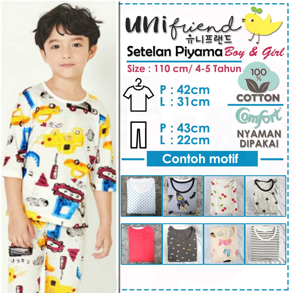 PIYAMA ANAK UNIFRIEND KOREA A-CC setelan anak motif lucu kaos katun lengan / celana 3/4 uni friend