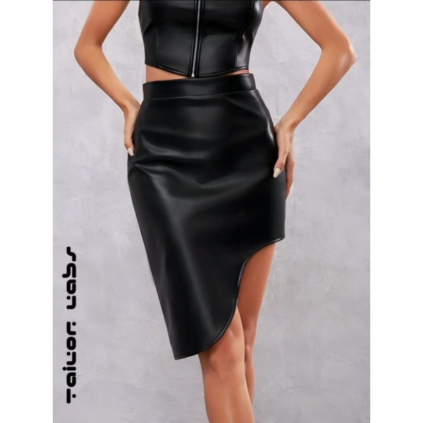 Rok Kulit Asymmetrical hem Zipper Up Pu Leather By Tailor Labs