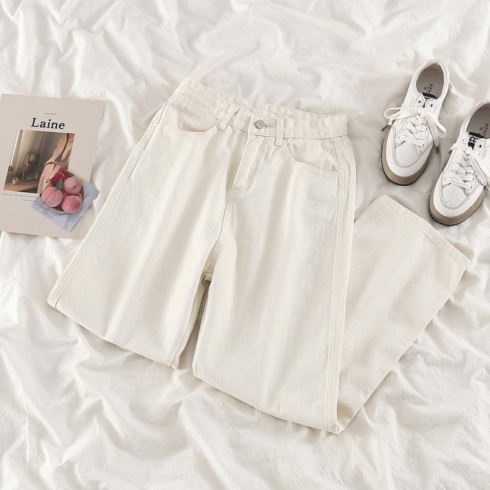 Warna krem Highwaist Loose Kasual Celana Jeans Panjang Wanita