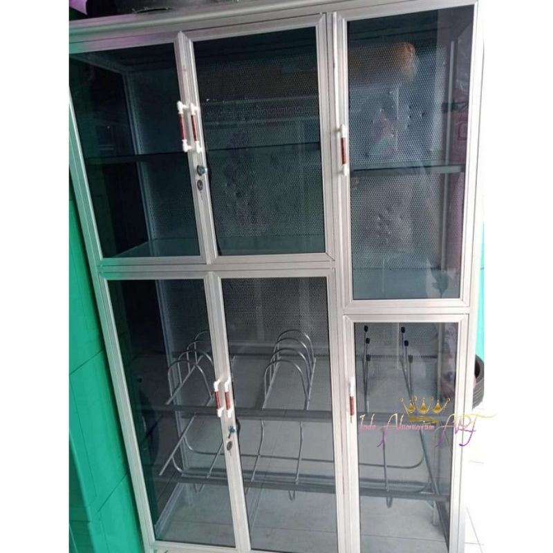 Rak Piring / Lemari Dapur Full Kaca Pintu 6 Bahan Alumunium