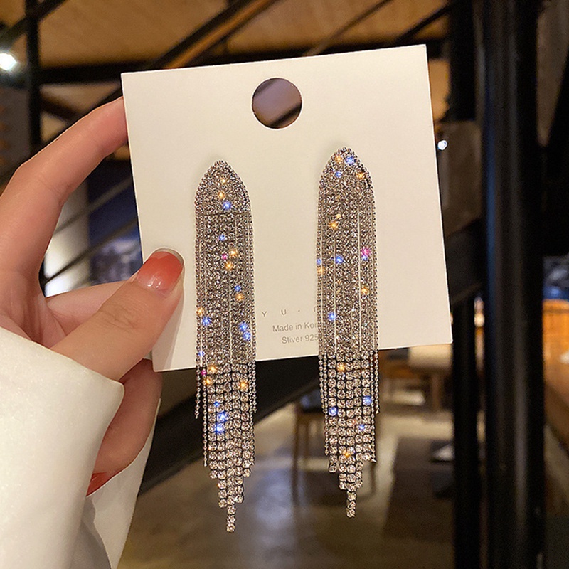 Fancyqube Anting Rumbai Panjang Bentuk Segitiga Geometris Aksen Kristal Berlian Imitasi Untuk Wanita