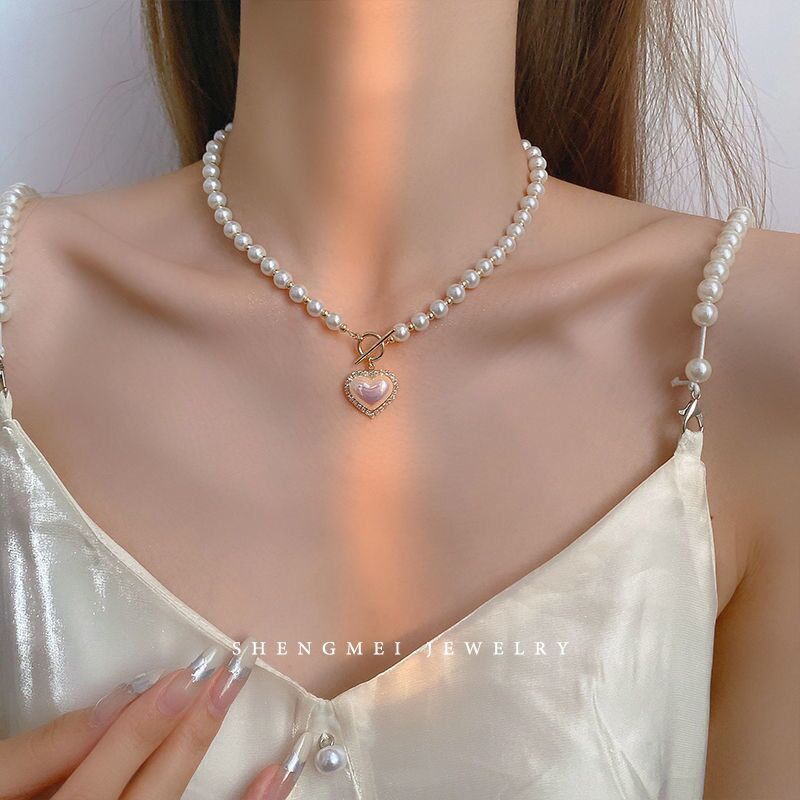 IFYOU Fashion Pearl Necklace Crystal Love Pendant Gold Necklace Women Jewelry Accessories Gift