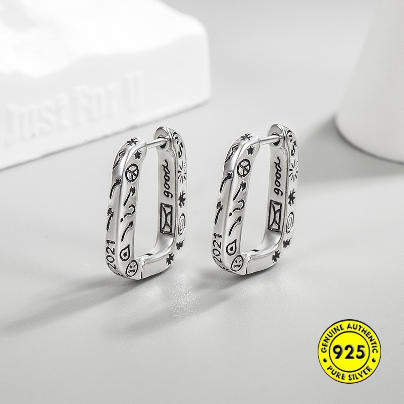 Anting Bentuk Oval Motif Graffiti Bahan Sterling Silver Gaya Hip Hop Untuk Unisex