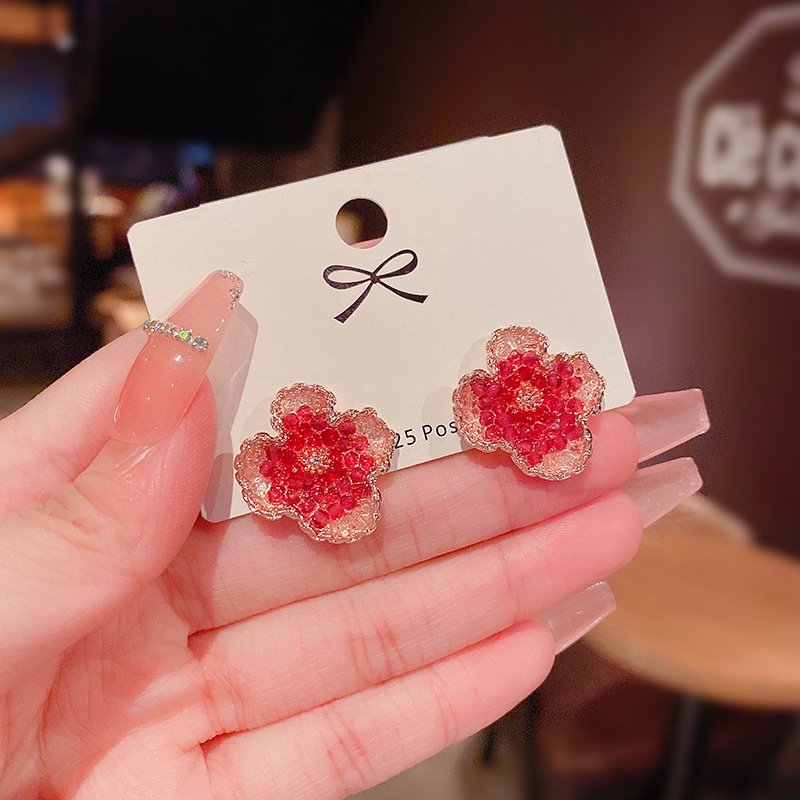 Anting Stud Silver Needle S925 Bentuk Bunga Camellia Warna Merah Untuk Wanita