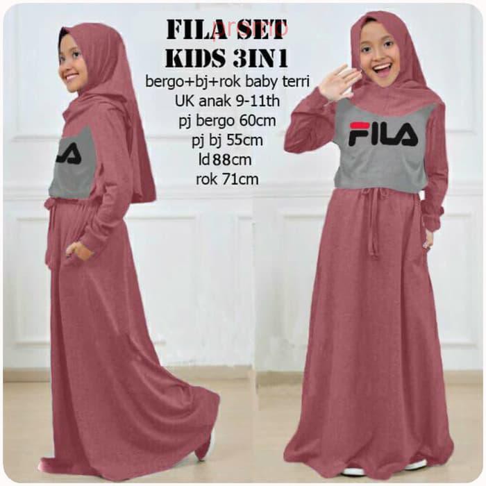 Fila set kids 3in1 pink dusty- baju muslim anak- Stellashoppie