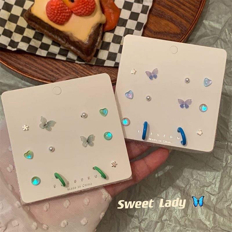 Set Anting Stud Desain Bunga Butterfly Hati Bintang Warna-Warni Untuk Wanita