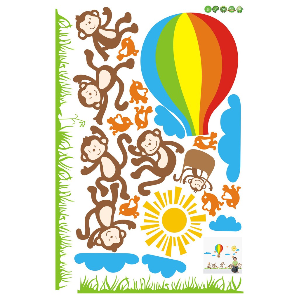 RELIZA WALL STICKER MONYET BALON UDARA MONKEY KIDS ANAK ANIMAL STIKER DINDING JM7121