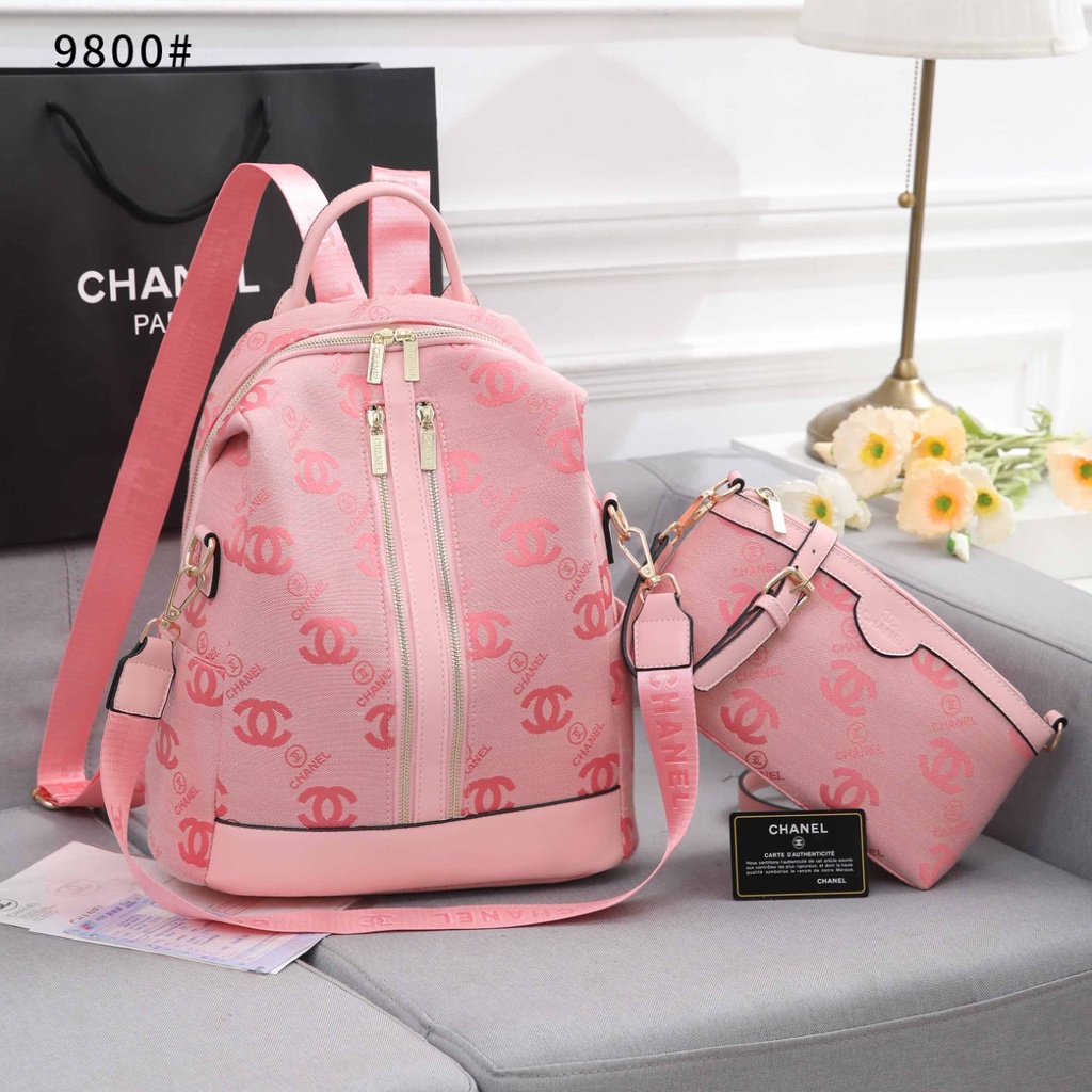 Ch Canvas &amp; Leather Logo CC Backpack Shoulder Bag 9800