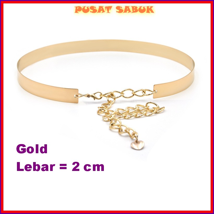 Sabuk Plat Gesper Ikat Pinggang Emas Fashion Korea Wanita Cewek Obi Belt GOLD Besi Ring Karet Rantai