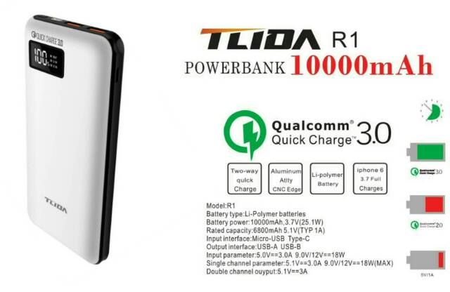 PowerBank Power Delivery TLIDA 10000 mAh PowerCore 2 USB Support Fast Charging Quick Charge 3.0 R1