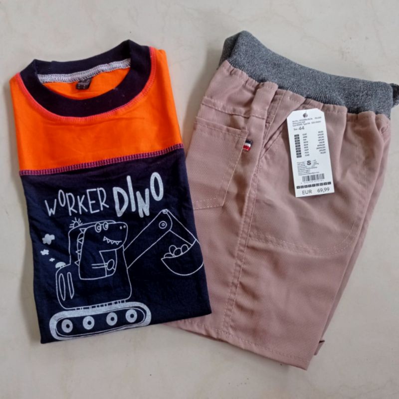 SETELAN ANAK HARIAN LAKI LAKI DINOSAURUS EKSAVATOR SIZE S USIA 2 3 4TAHUN / SET ANAK DISTRO KAOS OBLONG DAN CELANA PENDEK CHINOS