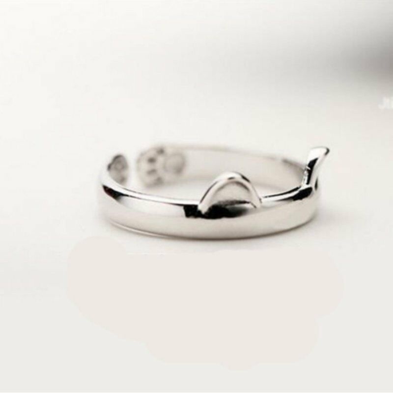 Perhiasan Cincin Lapis Silver Desain Telinga Kucing Lucu Adjustable Untuk Wanita