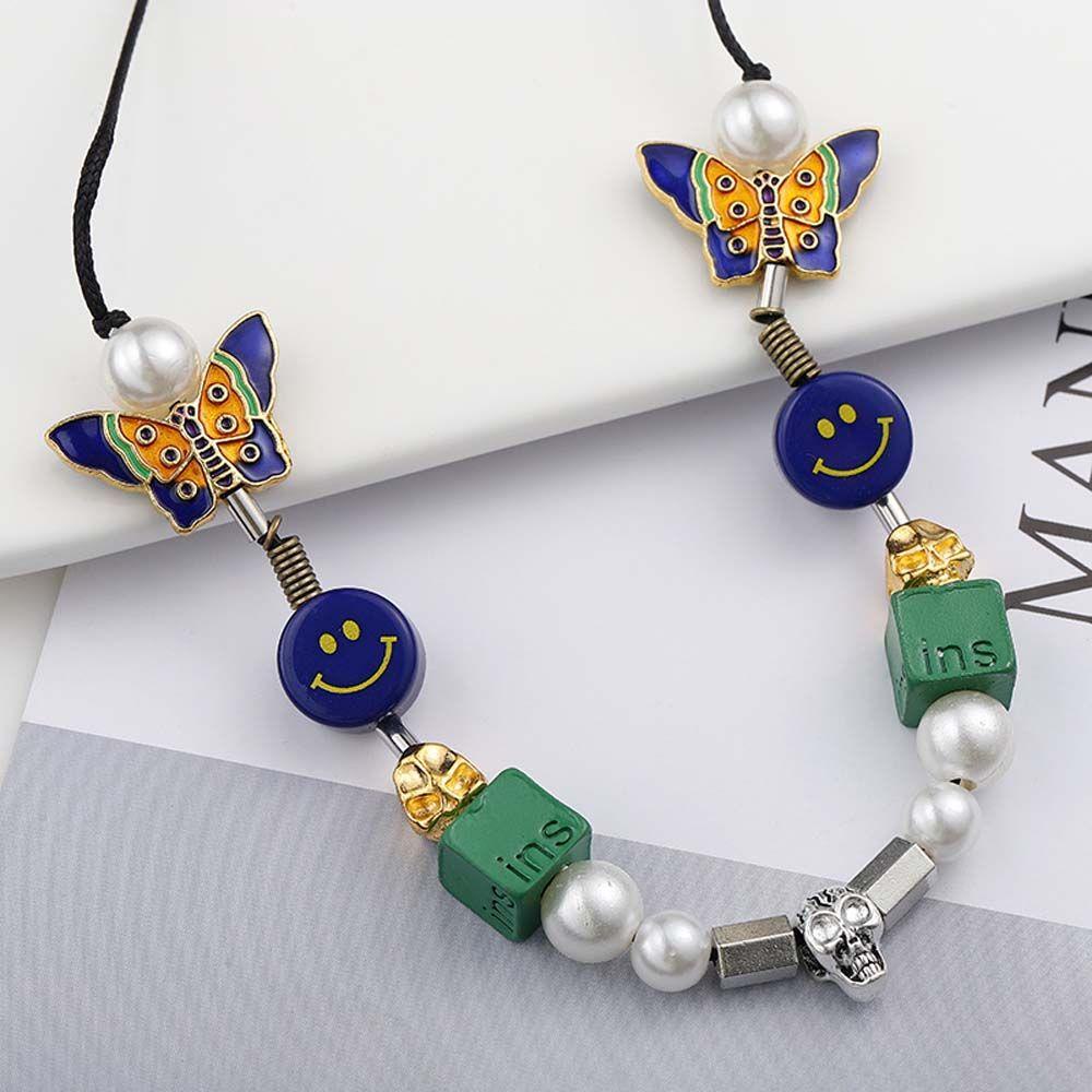 Kalung Rantai Klavikula Hias Manik-Manik Mutiara Smiley Bahan Stainless Steel Gaya Korea Klasik Untuk Unisex