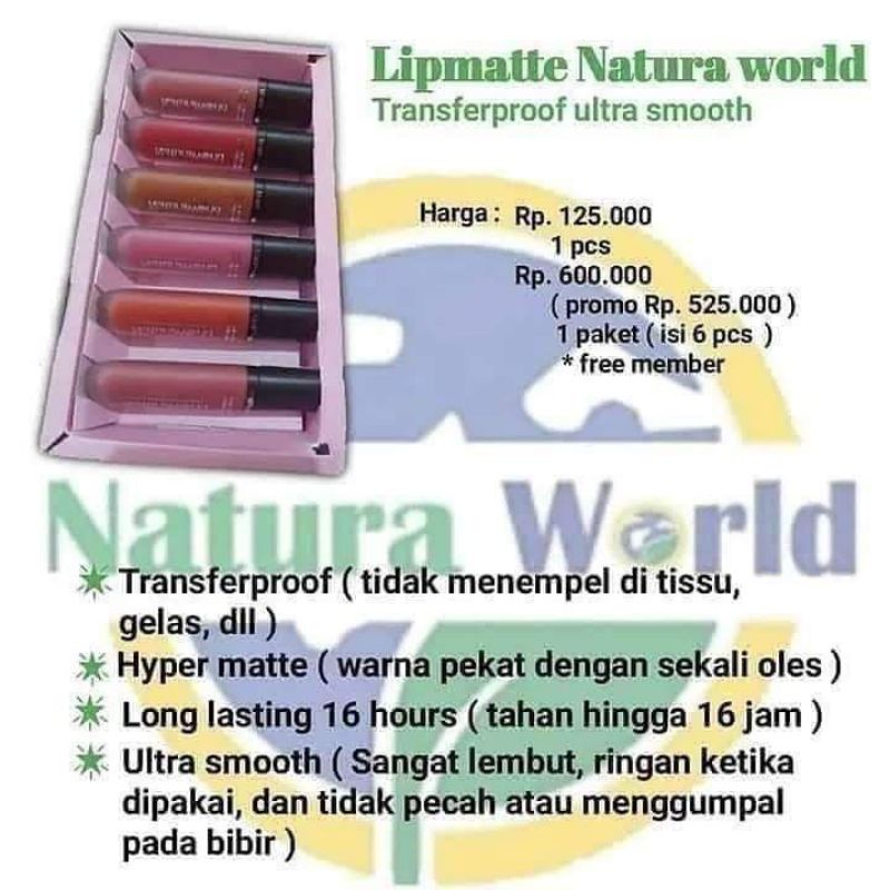 lipmatte naturaworld/lipstik tahan lama ( 1 paket isi 6 pcs )