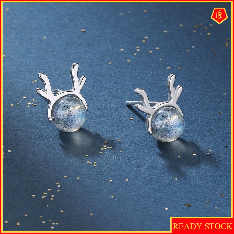 [Ready Stock]Simple Cute Deer Horn Moonstone Stud Earrings Women