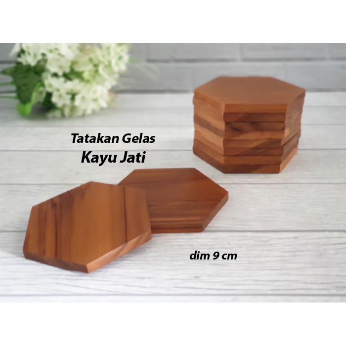 Caya HEX Tatakan Gelas / Tatakan Kue / Piring Saji Kayu Jati / Tatakan Kayu Jati / Original Hallova