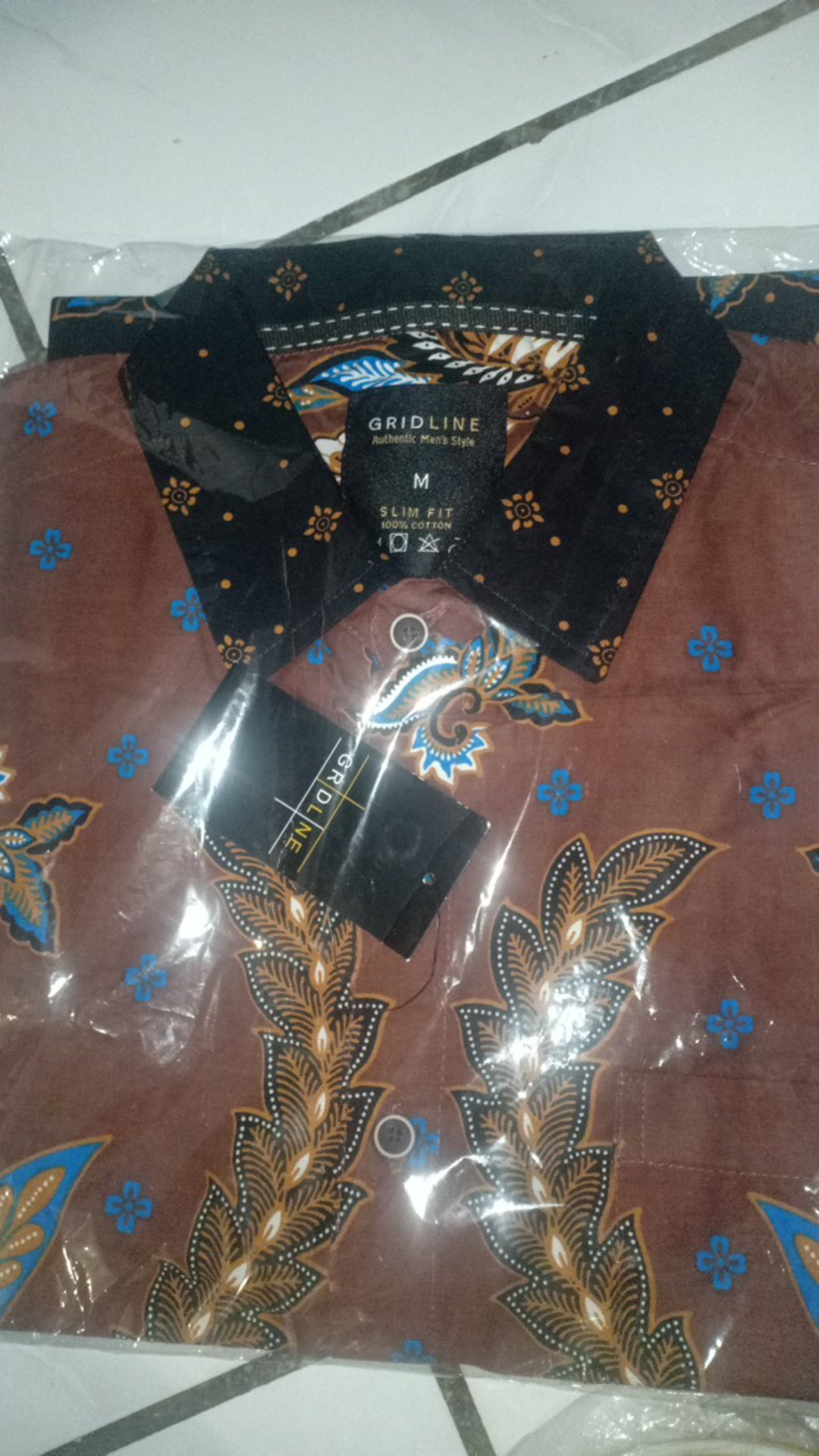 [gridline - S079 Mocha & Steel Blue] Kemeja Batik Slimfit Pria Katun Lengan Pendek Match