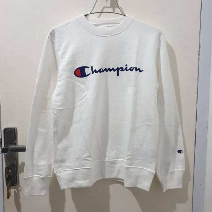 Best Seller sweater pri>> champion script crewneck original - Putih, L STOK TERBATAS